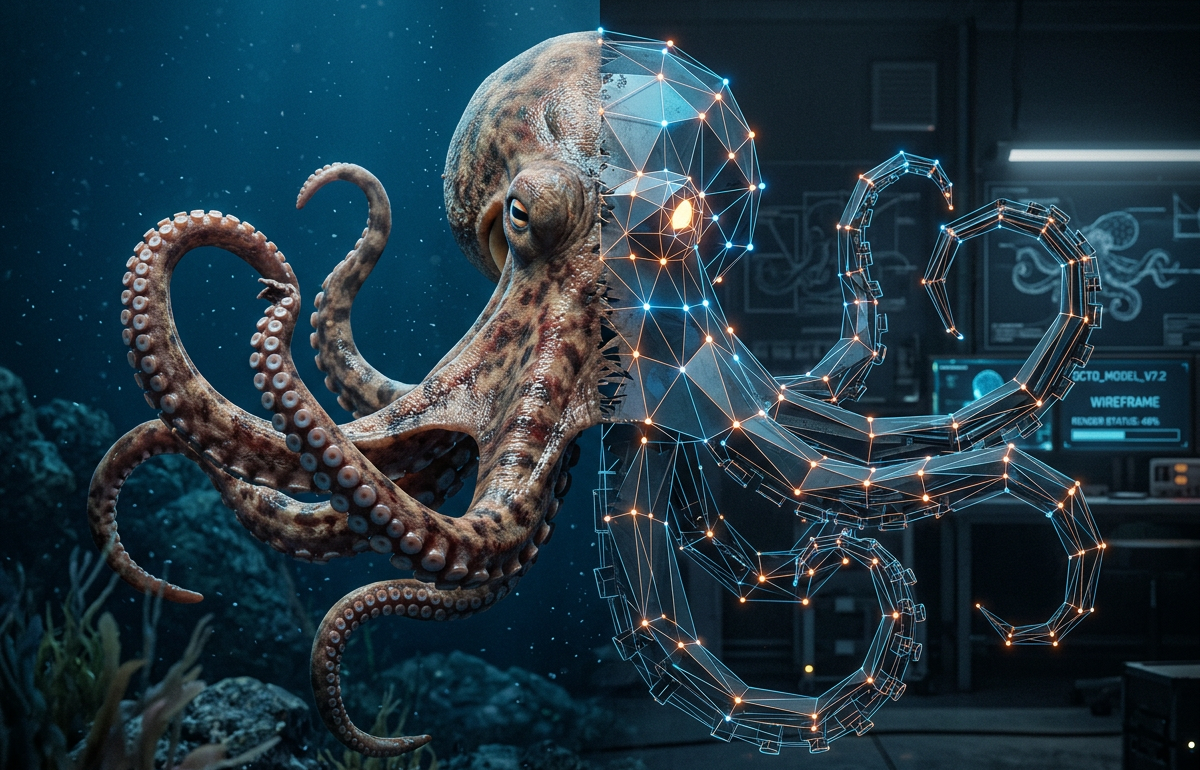Half realistic octopus transitioning into a digital wireframe model with illuminated connection points